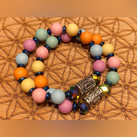 Handmade Ancient Runes, Rainbow Pastel Spheres, Positive Energy Bracelet Set - Picture 3 of 5